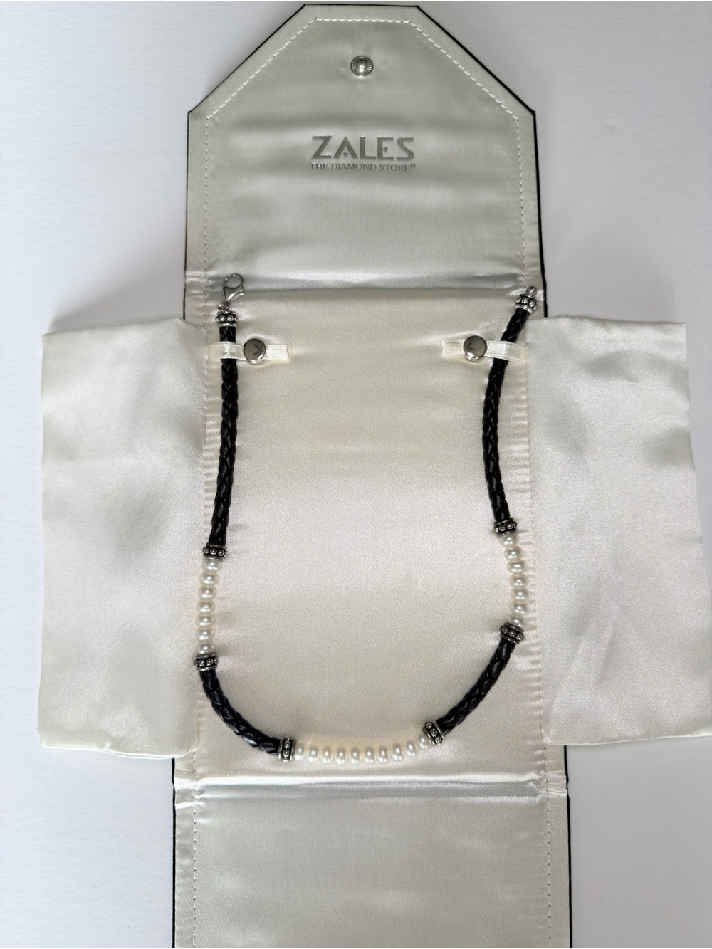 Zales Black Braided Leather and White Pearl Necklace